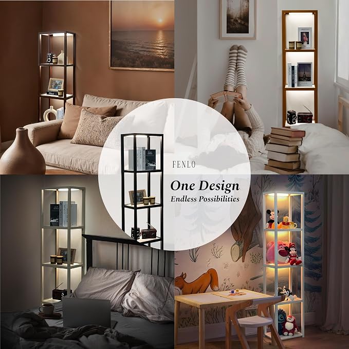 FENLO LED Glass Display Cabinet – Dimmable Lighted Furniture for Bedroom, Living Room, or Office – Glass Curio Cabinet Shelf Lamp with App + Remote Control + Adjustable Lighting Fantasy Lite