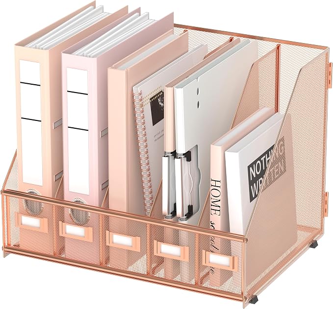 Desk Organizers Metal Desk Magazine File Holder with 5 Vertical Compartments Rack File Organizer for Office Desktop, Home Workspace, Rose Gold, Plus