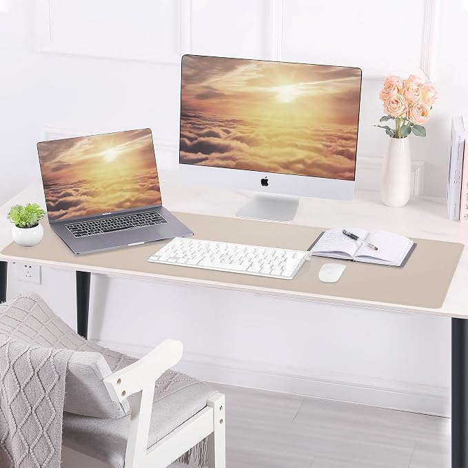 Leather Desk pad Protector, Large Desk mat with Natural Cork & PU Leather,Mouse pad,Non-Slip Office Desk Mat,Waterproof Desk Writing Pad for Office and Home (47in*17in, Beige)