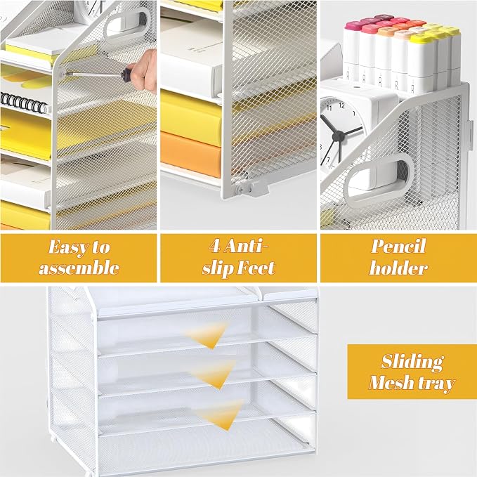 5 Tier Mesh Desk Organizer with Pen Holder and Handle Letter Tray | Metal desktop document shelf and paper sorter. Premium mesh workspace storage for office, home, and classroom