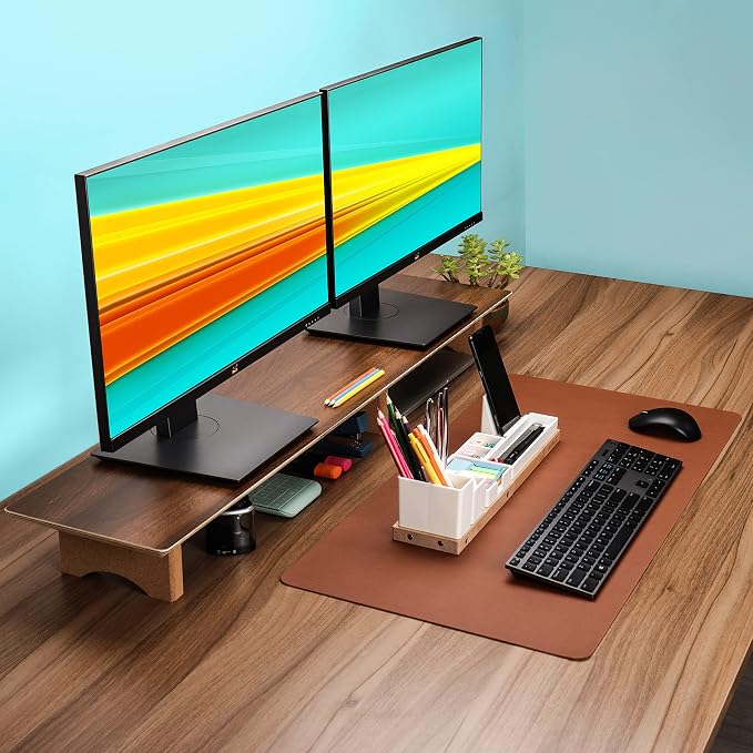 Aothia Solid Wood Dual Monitor Stand Riser for Desk, 43 Inch Black Walnut Computer Monitor Riser with Cork Legs, Extra Long Desktop Organizer Shelf for 2 Monitors, Laptop & Printer