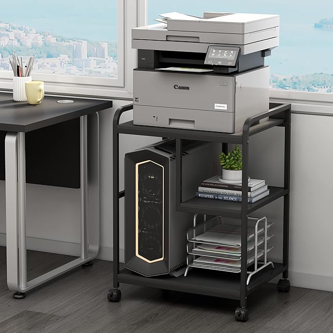 Fannova Printer Stand with Storage Shelf for Home Office Organization, 22 x 18 Inch Large Printer Table with Wheels, Shredder Stand, CPU Stand, Rolling Cart for Host Computer, PC Tower, Desktop- Black