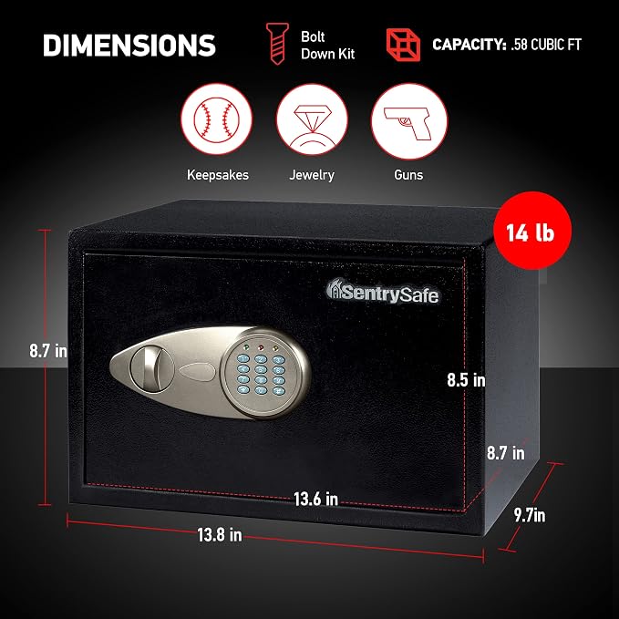 SentrySafe Safe with Digital Keypad Lock, Steel Safe with Interior Lining and Bolt Down Kit for Money, Jewelry, Electronics, 0.58 Cubic Feet, 8.7 x 13.8 x 9.7 Inches, X055 | Steel Safe With Interior Lining and Bolt Down Mounting Kit and Digital Keypad ...