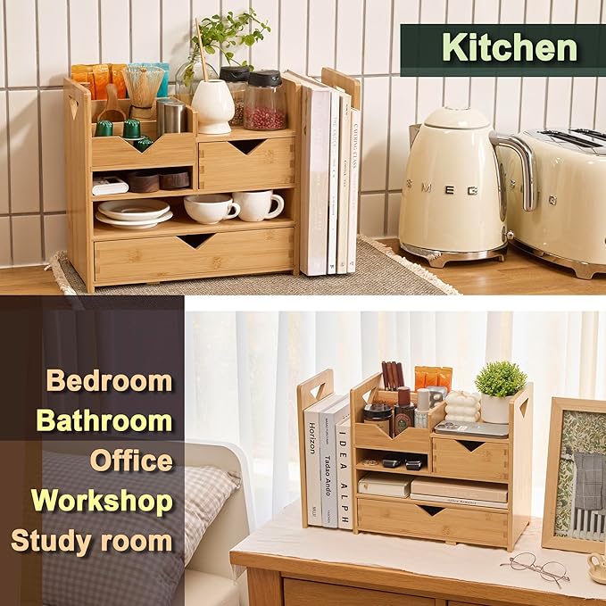 Pandorama Bamboo Desk Organizer Medium - Drawers & Adjustable File Holder, Fully Assembled Wood Desktop Storage for Kitchen, Bedroom, Bathroom, Study Room