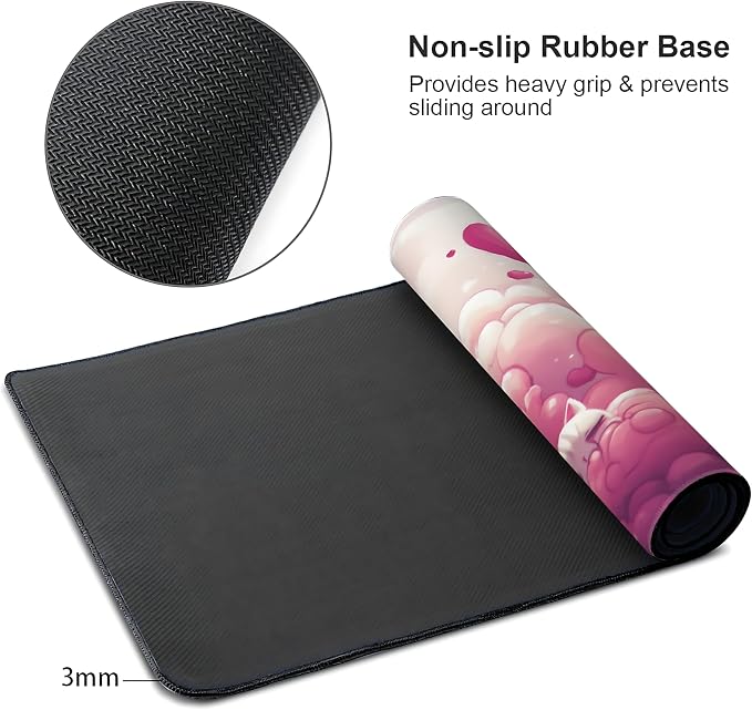Cute Anime White Cat Gaming Mouse Pad, Pink Dreamy Desk Mat with Anti-Slip Base & Stitched Edges, Computer Keyboard & Laptop Pad, 35.4" x 15.7" in in Workstation Accessories