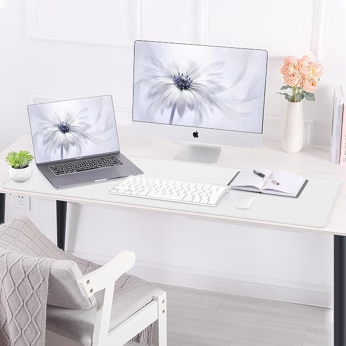 AFIING Leather Desk Pad Protector, Large Desk Mat with Natural Cork & PU Leather, Mouse Pad, Non-Slip, Waterproof Desk Writing Pad for Office and Home (White)