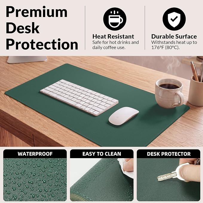 AFIING Cork Desk Mat, Dark Green, 23.6" x 13.7", Desk Pad Protector | Dual-Sided & PU Leather, Waterproof, Non-Slip for Mouse Pad, Writing, Home Office& Laptop