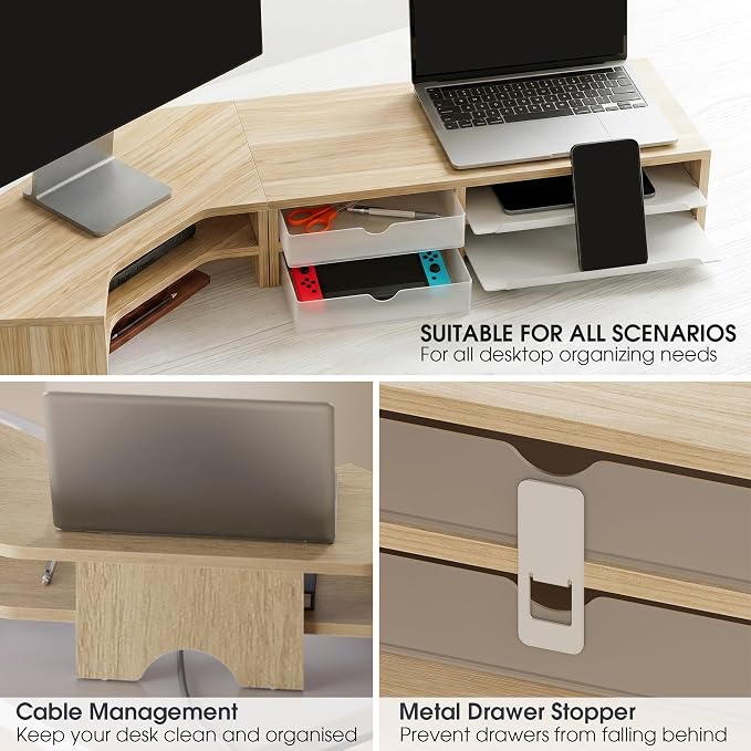 Fenge Dual Monitor Stand, Corner Desk Shelf with Drawer & Slide-Out Tray | Modular Design for Flexible Layouts, 2-Tier Storage Desktop Organizer for Computer, Laptop, Printer and Telephone