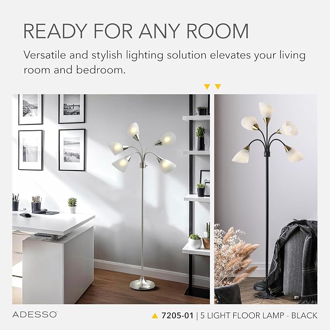 Adesso 5-Light Floor Lamp, Black, Movable Shades, Adjustable, 67”