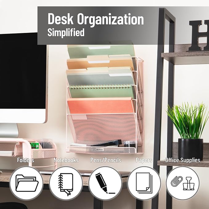 Mind Reader 5-Pocket Vertical File Storage, Desktop Organizer, Wall Mount, Office, Metal Mesh, Pink