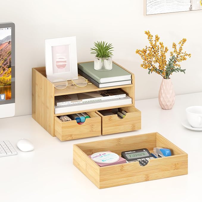 Bamboo Desk Organizer wtih Drawers Mini Desktop Drawer Tabletop Storage | 100% Bamboo Countertop Organizer Drawers,Makeup Storage,Kitchen Spice Organizers,3 Drawer Tabletop Storage,for Home Office