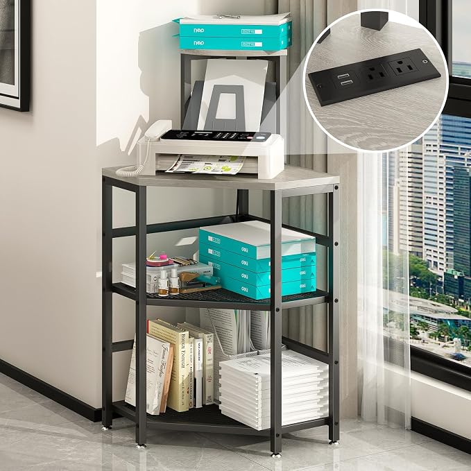 4-Tier Corner Printer Stand with Power Outlet and LED Lights, Greige | 4 Tier Storage, Corner Space Saving Design, Fits Laser Printer, Scanner and Office Supplies, Home Office Organization