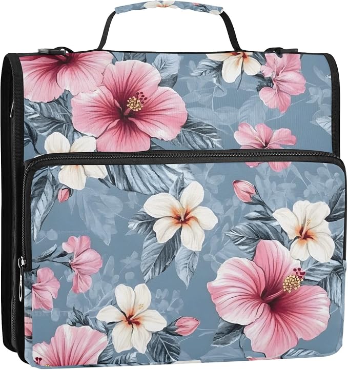 3 Ring Zipper Binder with Shoulder Strap Pink Hibiscus Flower 2 Inch Zippered Binder Bag 500 Sheet Capacity Multi Pockets for School Supplies