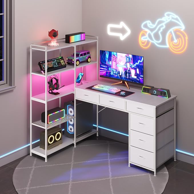 L Shaped Gaming Desk with Power Outlet & RGB Lights, Corner Computer Desk with 6 Drawers 5-Tier Shelves, PC Workstation with USB/Type-c Charging for Home Office, White