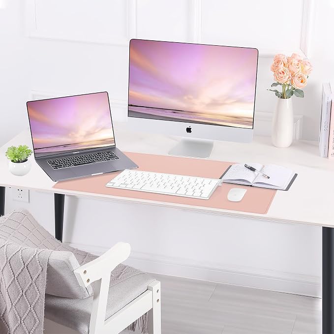 AFIING Leather Desk Pad Protector, Pink, 23.6" x 13.7" | Large Mouse Pad, Dual-Sided PU Leather ,Non-Slip, Waterproof, For Office and Home