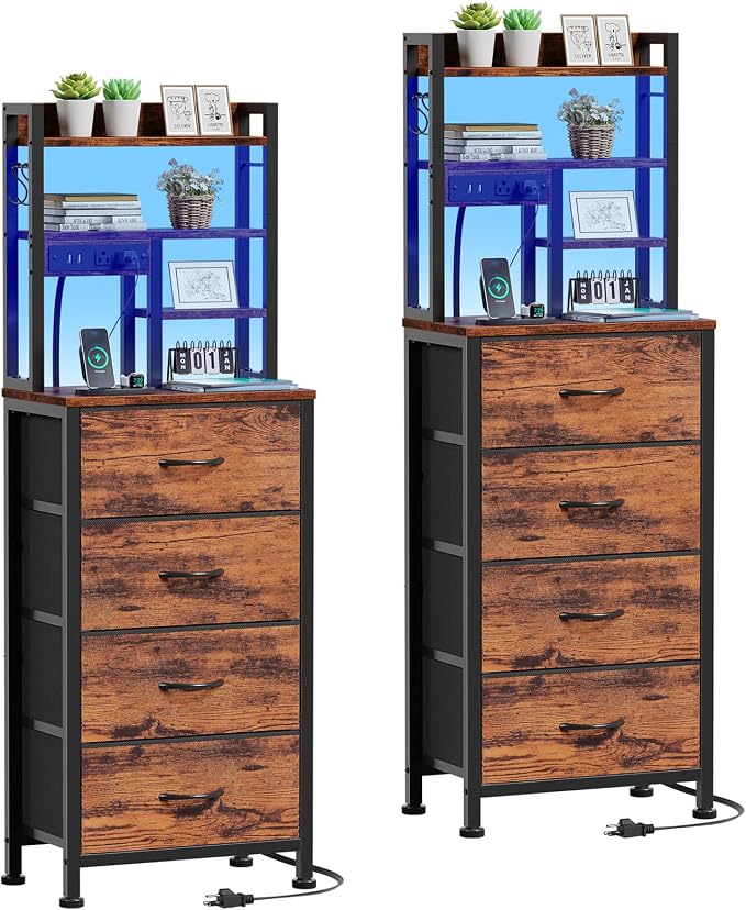 Night Stand Set 2, LED Nightstand with Charging Station | 4 Fabric Drawers and 4 Tier Storage Shelf, Bedside End Table for Bedroom, Dorm, Office, Rustic Brown