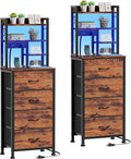 Night Stand Set 2, LED Nightstand with Charging Station | 4 Fabric Drawers and 4 Tier Storage Shelf, Bedside End Table for Bedroom, Dorm, Office, Rustic Brown