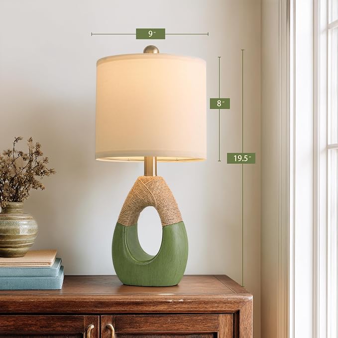 19" Table Lamps Set of 2, Bedside Lamps for Living Room, Lamps for Bedroom, Farmhouse Rattan Table Lamp, Small Space Nightstand Lighting, Rustic Home Office Decor (Green, Bulb Not Included)