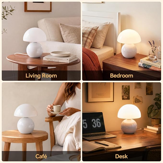 Mushroom Lamp Table Lamp for Bedroom-Small Desk Table Lamps,White | 8.7" Mid Century Modern Table Lamps for Living Room Bedroom Decor,Cute Ceramic Lamps for Mushroom Home Room Decor,Glass Shade