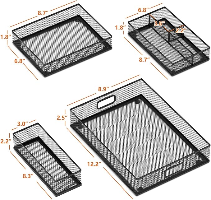 5 Pack Desk Drawer Organizers, Metal Mesh Office Desk Drawer Organizer Tray, Paper Organizer Letter Tray for Desk Accessories, Pen Pencil Holder for Office, Home, School, Classroom