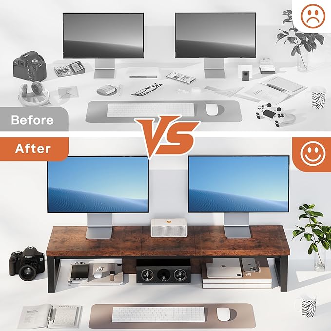 HEWORLIF Dual Monitor Stand Riser, Wood and Steel Monitor Riser, Long Computer Monitor Stands for 2 Monitors, Desk Shelf for Computer, Laptop, Printer, TV, Brown
