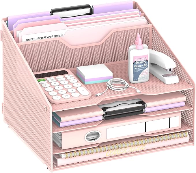 Desk File Organizer, 4 Letter Trays and 2 Upright Sections, Pink | Paper Organizer for Desk with Tiered Letter Trays and Vertical File Holders for Home Office, School and Workspace Use