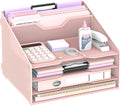 Desk File Organizer, 4 Letter Trays and 2 Upright Sections, Pink | Paper Organizer for Desk with Tiered Letter Trays and Vertical File Holders for Home Office, School and Workspace Use