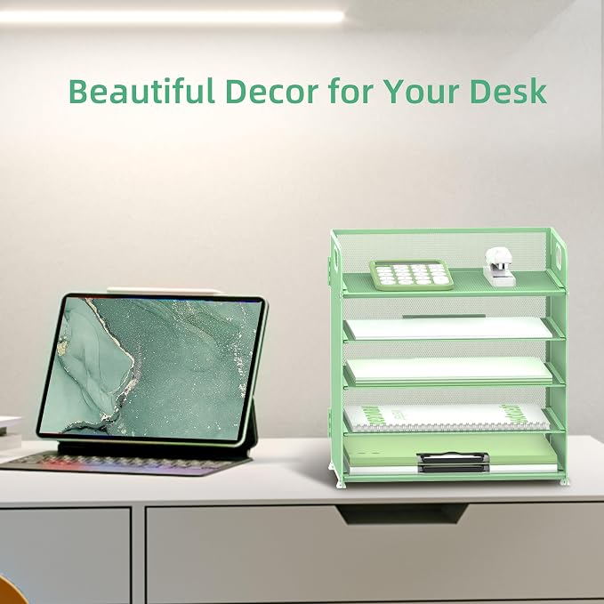 5 Trays Paper Organizer Letter Tray with Handle-Mesh Desk File Holders, Paper Sorter Desk Organizer for Office, Home, Classroom or School(Mint Green)
