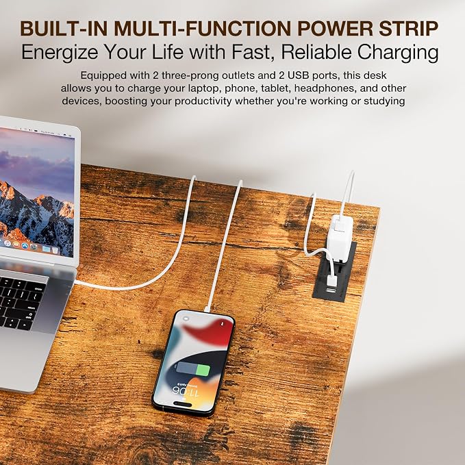 1TEMI Long Computer Desk Folding Table - No Assembly, Compact 55.1" Foldable Desk with Power Outlets & USB Charging Port, Portable Lagre Office Desk, Ideal Large Study Table for Narrow Spaces, Brown
