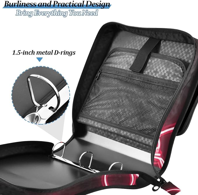 3 D-Ring Zipper Binder Bag, Pink Neon Cherry Pattern Black Removable Binder with Zipper Case Hold 300+ Sheets& 13 Inch Laptop for School Office Supplies Organizer