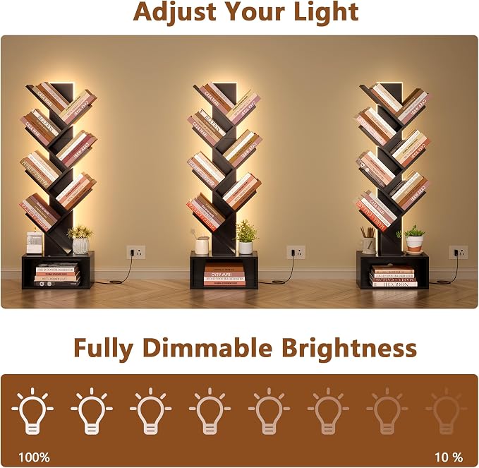 Hoctieon 6 Tier Tree Bookshelf, Tall Bookcase with Drawer, Freestanding Book Shelf with LED Lights, Display Floor Standing Storage Shelf, Book Organizer Shelves for Home Office, Living Room, Black