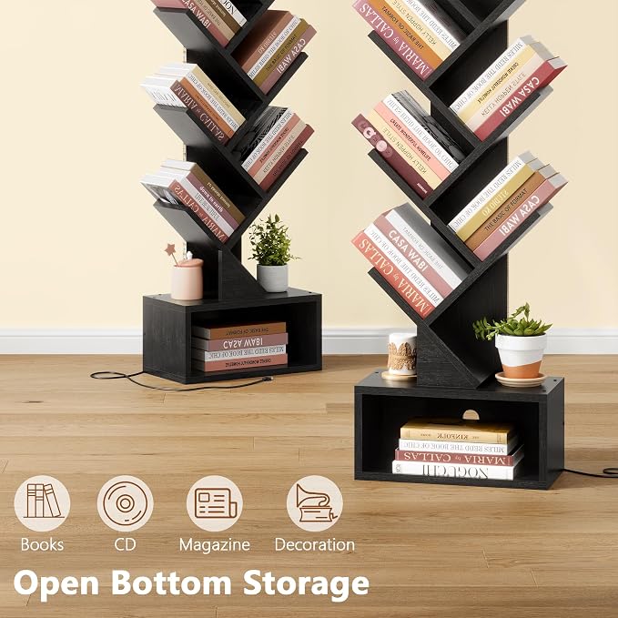 Hoctieon 9 Tier Tree Bookshelf, Tall Bookcase, Freestanding Book Shelf with LED Lights, Display Floor Standing Storage Shelf, Book Organizer Shelves for Home Office, Living Room, Black