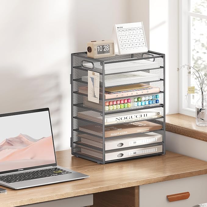 SUBEKYU 9 Tier Paper Organizer for Desk - Gray Metal Mesh Letter Tray File Paper Sorter Organizer Include 6 Pcs Adjustable Height Slid Tray with Handles for Office School Home Organization Storage
