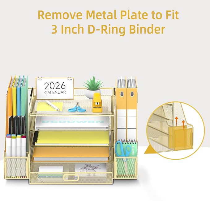 Mesh Desk Organizer with File Holder, 5-Tier Paper Letter Tray Organizer with Magazine Holder, Desktop Organizer and Storage with Drawer for Office Supplies Home or School (Golden) | Two side magazine holders and a bottom drawer store papers, folders, ...