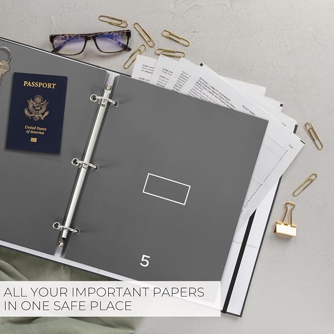 Important Document Organizer Set with Folders - Complete Linen Ring Binder | Safely Stores All Documents and Files in One Place - Easy to Use Expanding Storage with Envelopes, Pockets and Labels