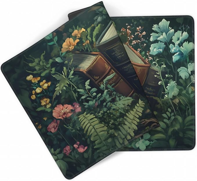 Floral Aesthetic Book Gaming Mouse Pad, Forest Green Moody Forest Desk Mat with Anti-Slip Base & Stitched Edges, Computer Keyboard & Laptop Pad, 35.4" x 15.7" in in Workstation Accessories