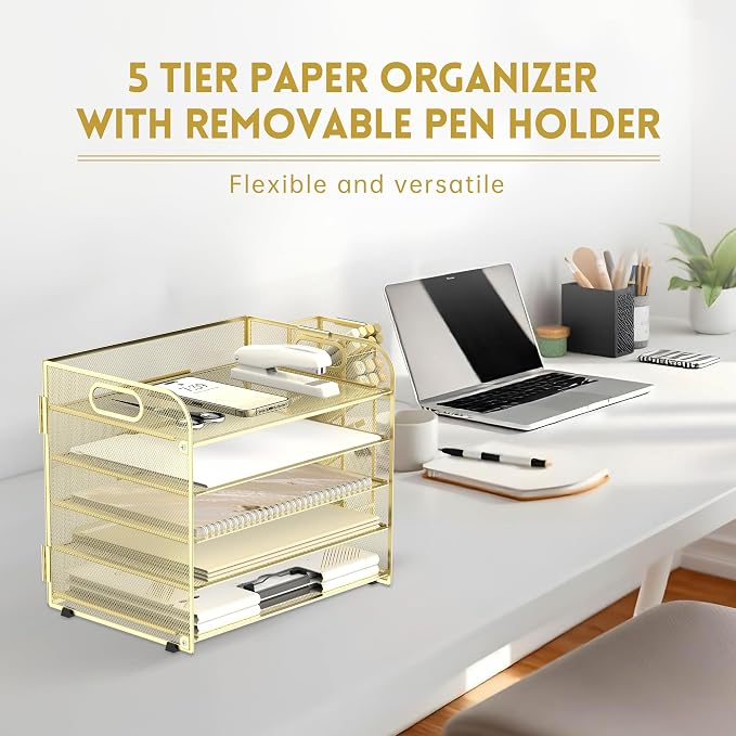 5-Tier Paper Organizer for Desk with Pen Holders, Letter Trays, Gold | Metal Mesh Desktop File Organizer with Removable Trays and 2 Handles for Paper, Files, Mail, Folders in Office Home or School