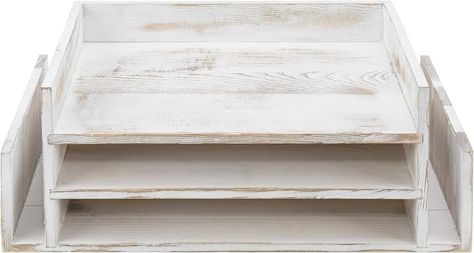 MyGift 3-Tier Desk Organizer & File Tray, Wood Letter Holder for Office, Farmhouse White Wood Desktop Document Organizer with Paper Storage