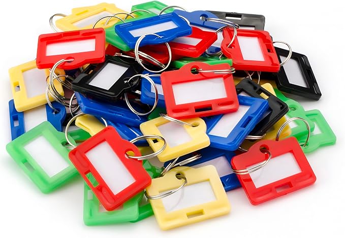 Barska Multi-Purpose Key Tags with Write-On Labels & Metal Rings – 50 Small Colored Key Tags for Organization, Identification & Labeling