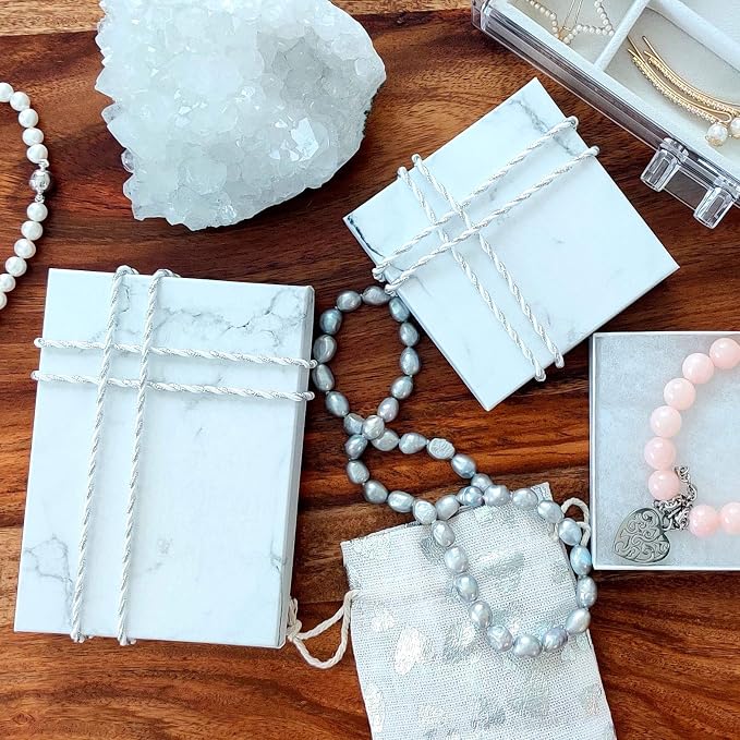 TheDisplayGuys 25 Cardboard Jewelry Gift Boxes with Inserts - Marble White | Size #11 - 2.1" x 1.8" x 0.8", Lids, Cotton Filled Padding, Kraft Paper, Bulk Pack Case, for Shipping, Organizers, Storage