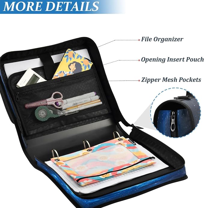 3 Ring Zipper Binder Galaxy Binder Organizer Portfolio with File and Shoulder Strap & Handle Large Capacity File Folder