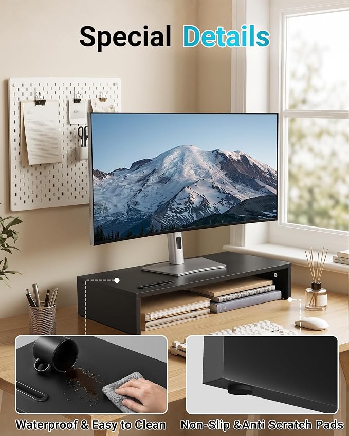 1home Ergonomic Monitor Stand Riser, 21.3 Inch Wood Desktop Stand with Cellphone Holder and Cable Management, Black | Wood Desktop Organizer with Cellphone Holder and Cable Management for PC, Laptop, Printer and Home Office Workspace