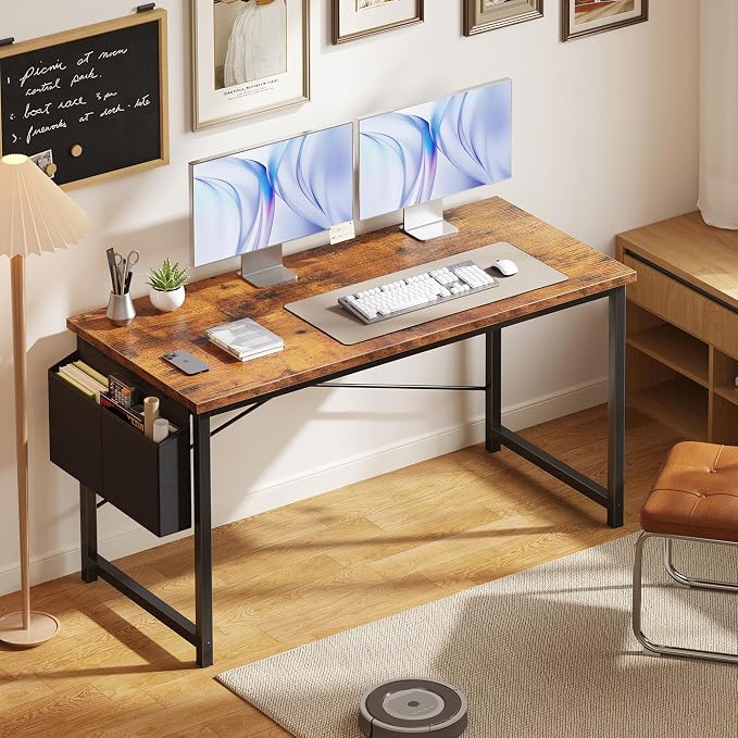 OLIXIS Computer Desk, 55 Inch Gaming Desks for Home Office Small Spaces | Writing Study Craft Work Table, Computer Workstation for Bedroom with Storage Bag, Rustic Brown