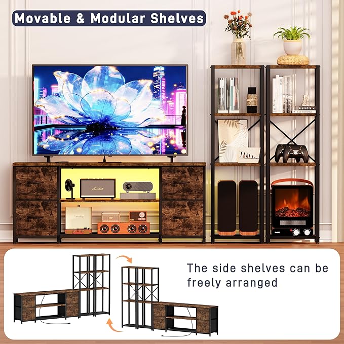 LED TV Stand Bookshelf Combo with Charging Station for 65 60 55 Inch TV, Entertainment Center with Lights & Drawers, Industrial Media TV Console Table for Living Room Bedroom Office, Rustic Brown