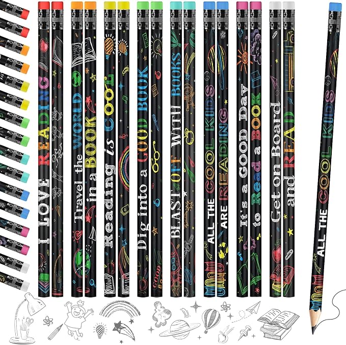 Pasimy 240 Pcs Reading Motivational Pencils Bulk Black Novelty Wooden Pencils with Eraser Classroom Inspirational Pen with Sayings for Kids Student Teacher School Reward Gifts Stationery Party