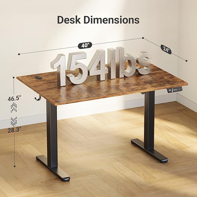 Claiks Electric Height Adjustable Standing Desk, 40x24 Inch, Rustic Brown | Smooth Height Adjustment, 3 Memory Presets, Cable management hub & hook, Stable Steel Frame, 156 lbs Capacity, Easy Assembly