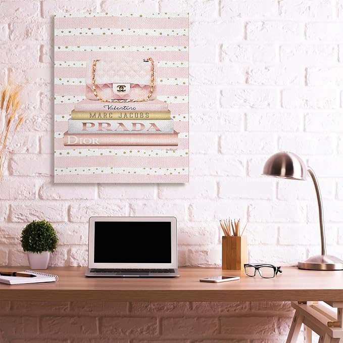 Stupell Industries 'Pink Purse Bookstack over Stripes'| Canvas Art | Stupell Industries | 36 x 48 Inches, Easy to Hang and Sturdy, Made in USA, by Amanda Greenwood