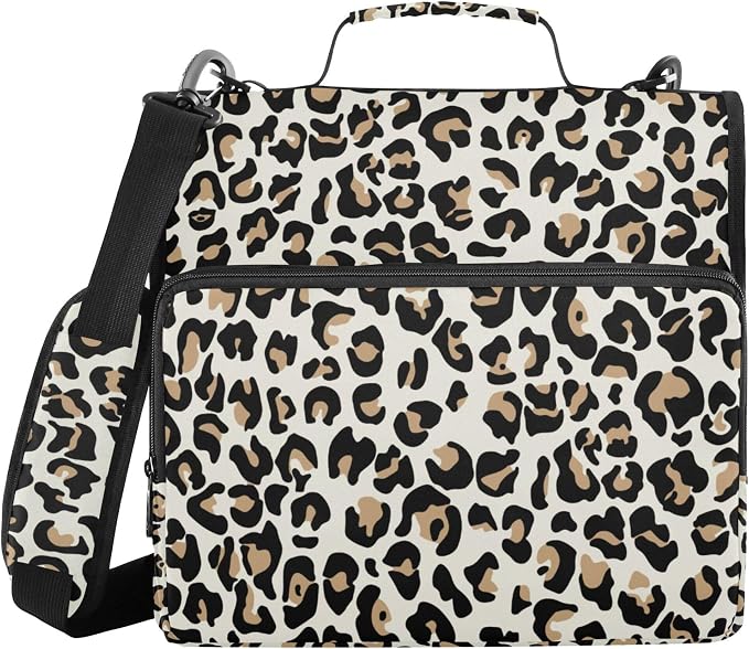 Fisyme Leopard Zipper Binder 3 Ring with Zipper and Shoulder Strap Large Capacity Multi-Pocket Binder Organizer