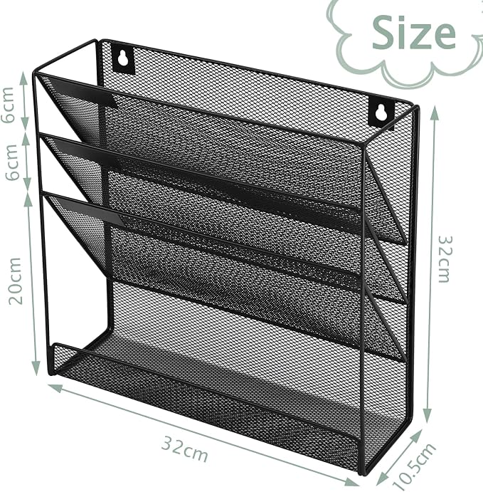 3 Pockets Mesh Wall File Holder Organizer with Bottom Flat Tray, Office Hanging File Folder Magazine Rack, Nametag Label Hooks Set Included, Black