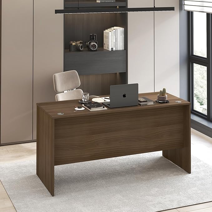 Furinno Roger Computer Desk, 60 Inch Rectangular Executive Desk with Modesty Panel, Home Office Desk with Thick Tabletop, Desk Cord Grommet, Scratchproof, for Home Study, Office, Modern Walnut